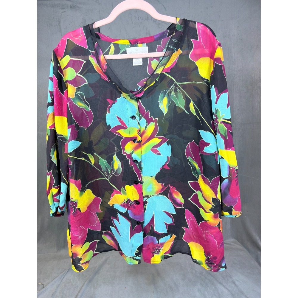 Soft Surroundings 3X Black Semi Sheer Tropical 3/4 Sleeve 100% Silk‎ Blouse